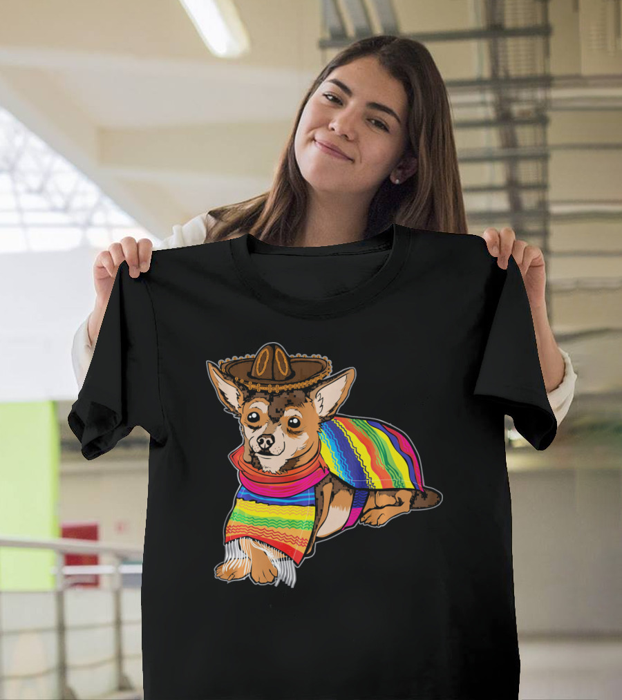 Cute Dog Chihuahua Chiweenie Mexico Sombrero Rainbow Poncho Cinc T-Shirt
