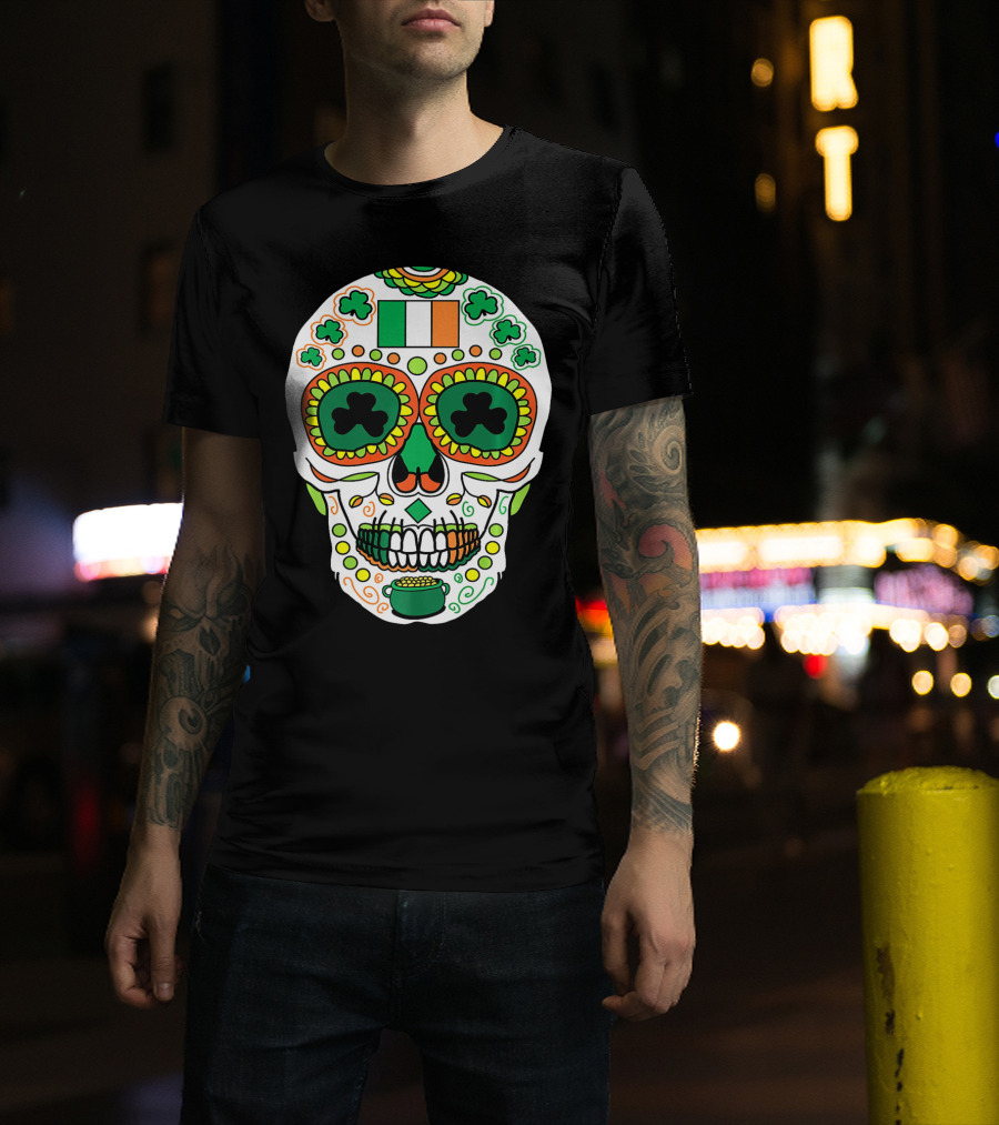 St Paddys Day Irish Flag Shamrock Sugar Skull Cinco De T-Shirt
