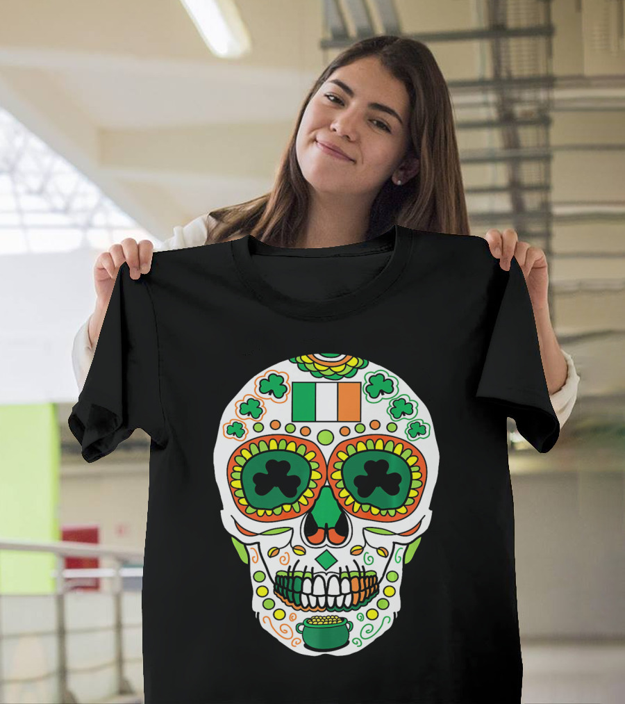 St Paddys Day Irish Flag Shamrock Sugar Skull Cinco De T-Shirt