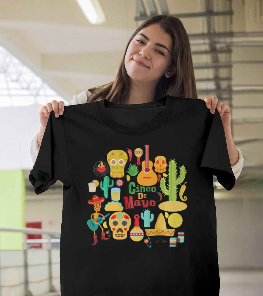 Cinco De Mayo Cactus Skull Sombrero Guitar Festivity T-Shirt