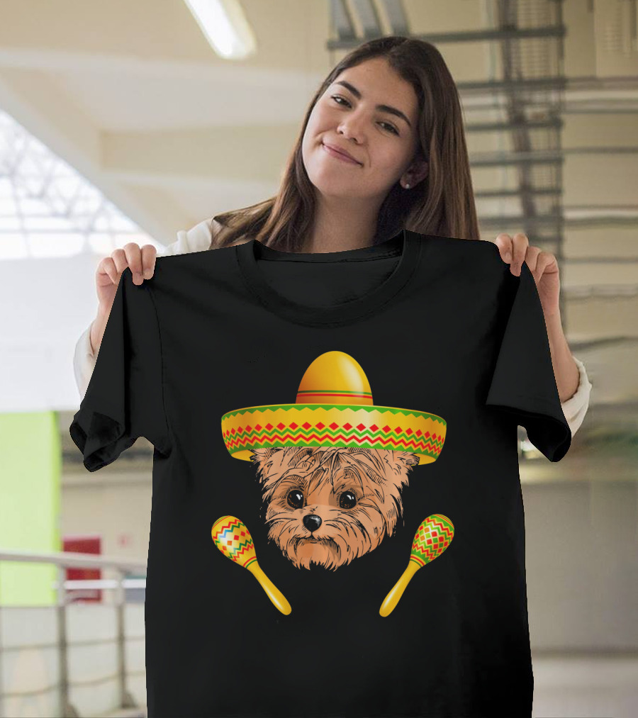 Funny Cinco De Mayo Yorkie Sombrero Maracas T-Shirt