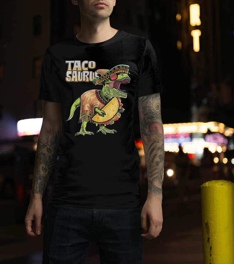 Tacosaurus Dinosaur Wearing Sombrero And Serape Holding Taco T-Shirt