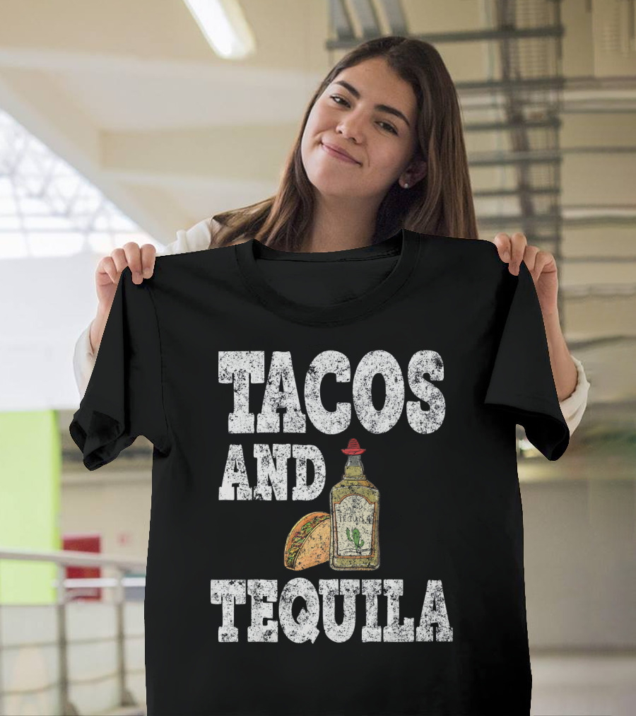 Tacos And Tequila With Bottle And Sombrero For Cinco De Mayo T-Shirt