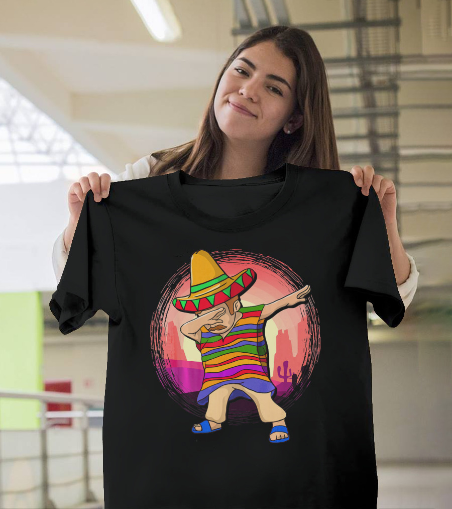 Mexican Poncho Sombrero Dabbing Sunset Cactus Background T-Shirt
