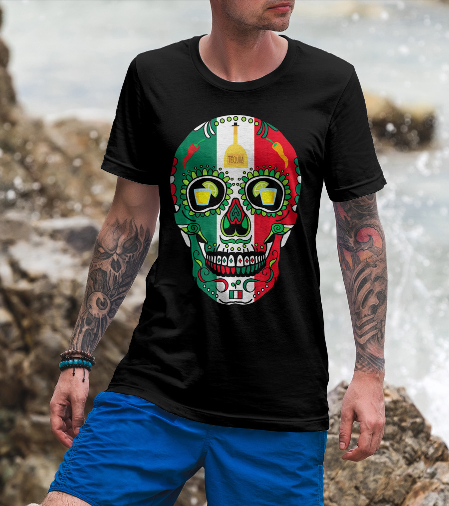 Mexican Cinco De Mayo Tequila Skull With Flag Colors And Chili Peppers T-Shirt