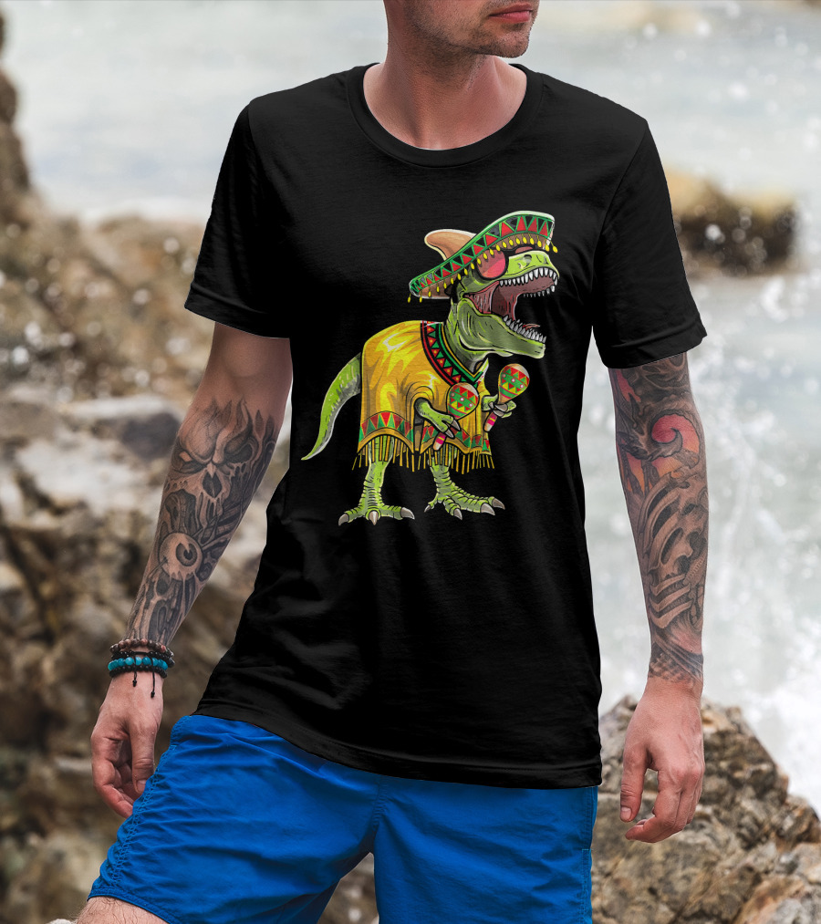 Cinco De Mayo Dinosaur Sombrero Maracas Poncho Fiesta T-Shirt