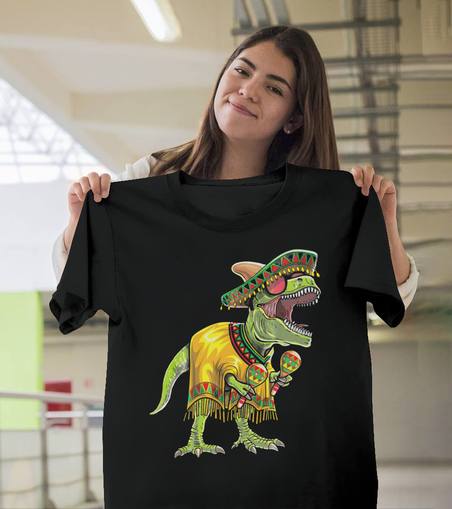Cinco De Mayo Dinosaur Sombrero Maracas Poncho Fiesta T-Shirt
