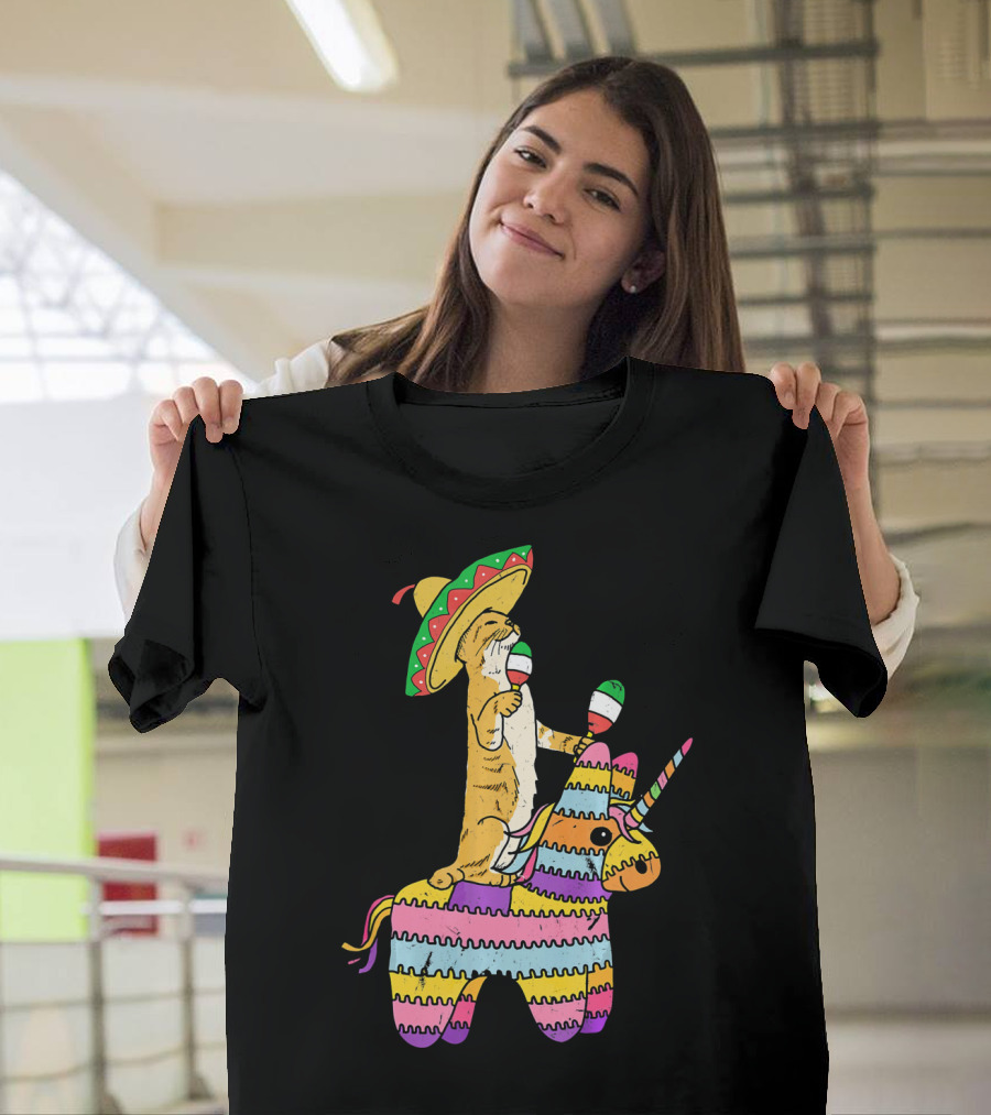 Cinco De Meow Cat Riding Colorful Unicorn Pinata With Sombrero And Maracas T-Shirt