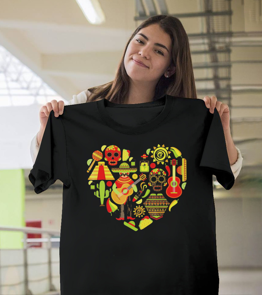 Cinco De Mayo Love Skull Guitar Cactus Sombrero Heart T-Shirt