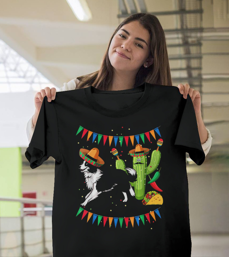 Sombrero Border Collie Dog Cactus Taco Mexico Cinco T-Shirt