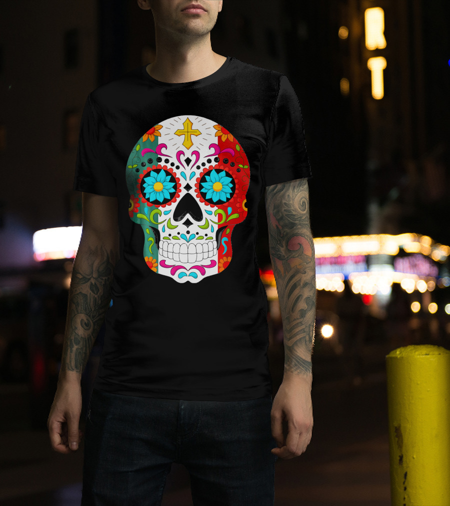 Day Of The Dead Sugar Skull Cinco De Mayo Mexican Flag Colors T-Shirt