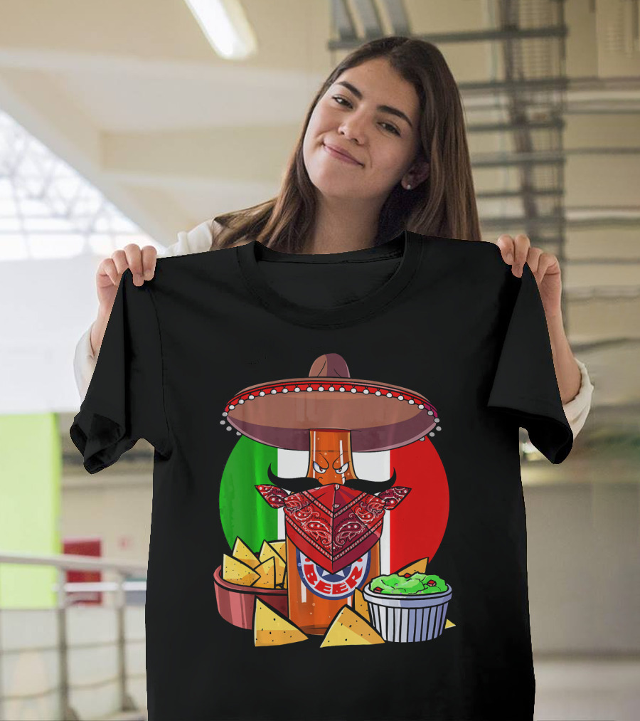 Funny Cinco De Mayo Beer Bottle With Sombrero And Guacamole Fiesta Napkin Bandana T-Shirt