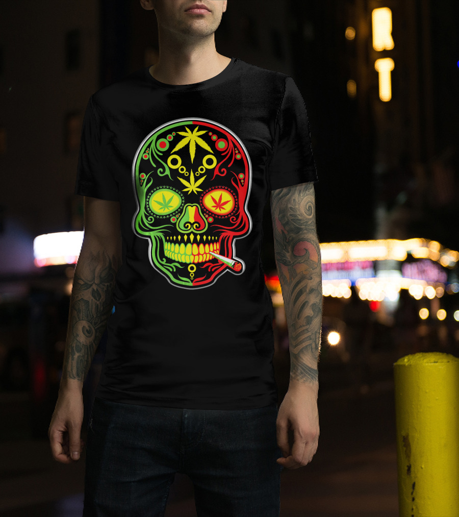 Weed Sugar Skull Marijuana Canna Rasta Colors T-Shirt