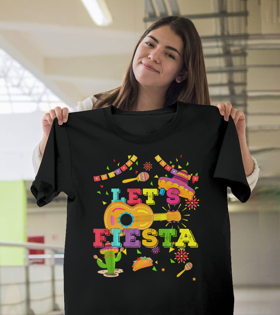 Let's Fiesta Cinco De Mayo Mexican Celebration Guitar Sombrero Maracas Taco Cactus Decorations T-Shirt