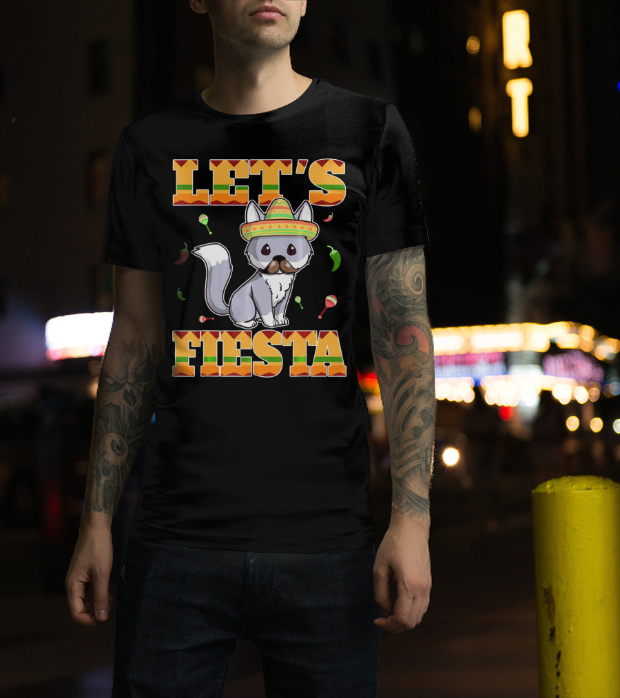 Let's Fiesta Kitty Cat Cinco De Mayo Mexi Sombrero Peppers Maracas T-Shirt