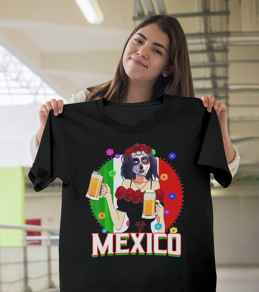 Cinco De Mayo Sugar Skull Woman Holding Beers Mexico Flag T-Shirt