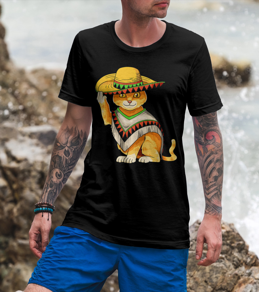 Mexican Cat Cinco De Mayo Cat Poncho Sombrero Fiesta T-Shirt