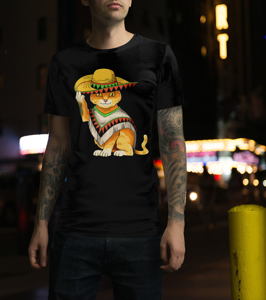 Mexican Cat Cinco De Mayo Cat Poncho Sombrero Fiesta T-Shirt