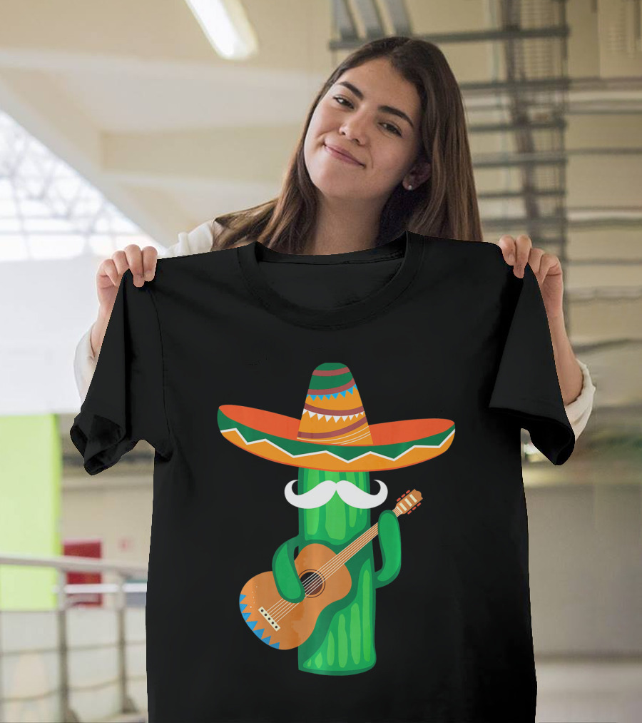 Mustache Cactus Sombrero Playing Guitar T-Shirt