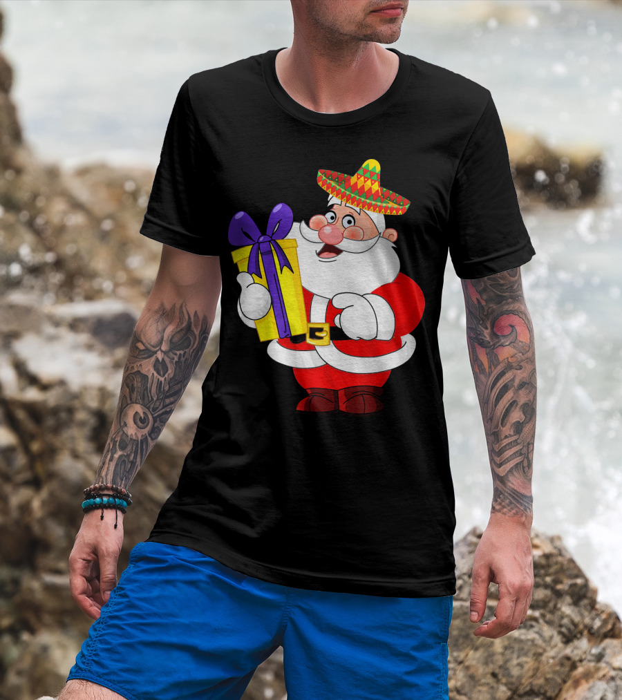Cinco De Mayo Funny Sombrero Mexican Santa With Gift T-Shirt