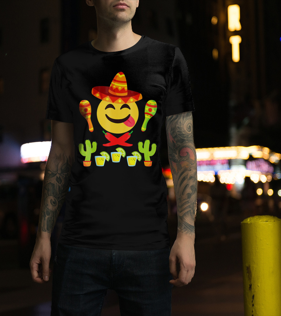 Cinco De Mayo Emoji Tongue Sombrero Cactus Maracas Peppers Lime Shots T-Shirt