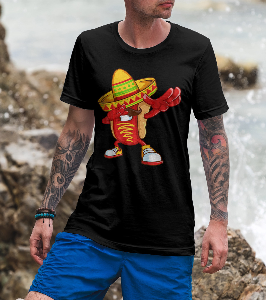 Funny Dabbing Hotdog Sombrero Mexican Cinco De Mayo T-Shirt