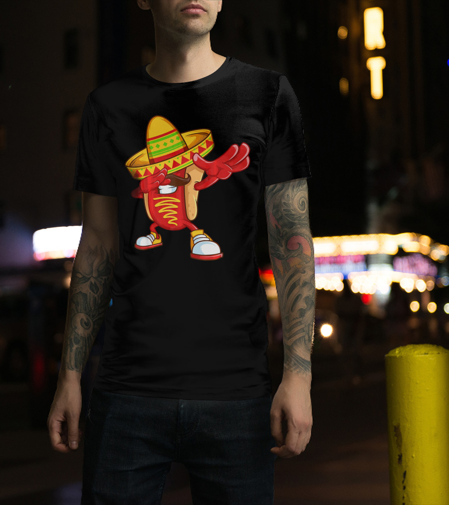 Funny Dabbing Hotdog Sombrero Mexican Cinco De Mayo T-Shirt