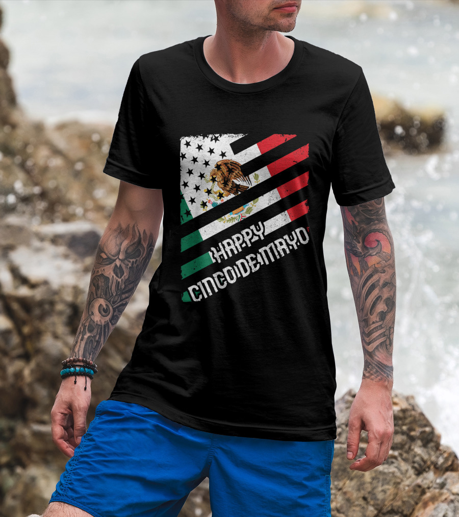 Cinco De Mayo Happy Mexico US Flag Eagle Stripes T-Shirt
