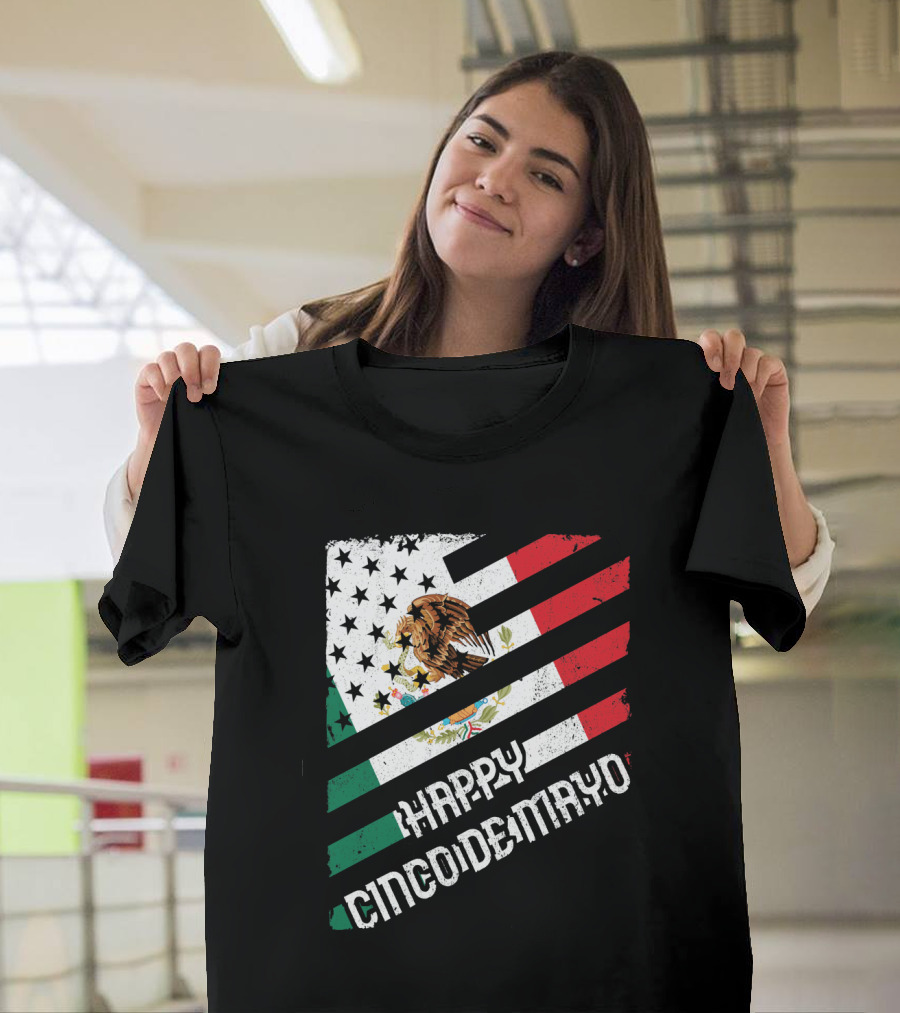 Cinco De Mayo Happy Mexico US Flag Eagle Stripes T-Shirt