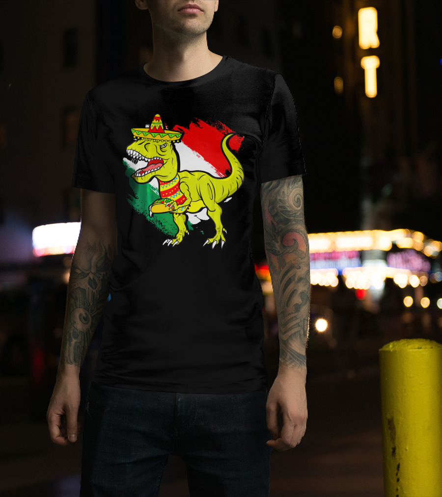 Tacosaurus Rex Sombrero Mexican Flag Cinco De Mayo Mexican Pride T-Shirt