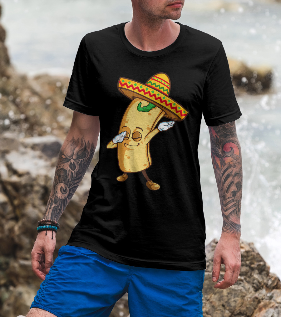 Funny Dabbing Burrito Mexican Cinco De Mayo Sombrero Cartoon T-Shirt