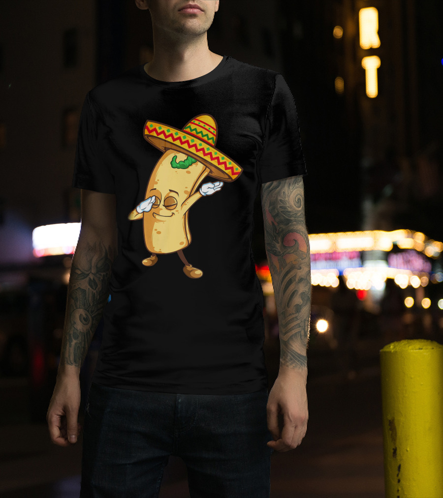 Funny Dabbing Burrito Mexican Cinco De Mayo Sombrero Cartoon T-Shirt