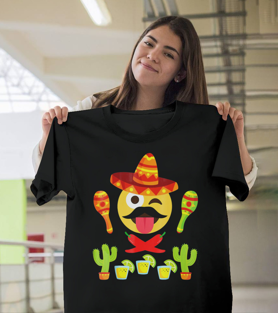 Cinco De Mayo Winking Emoji Sombrero Maracas Cactus Tequila Peppers T-Shirt