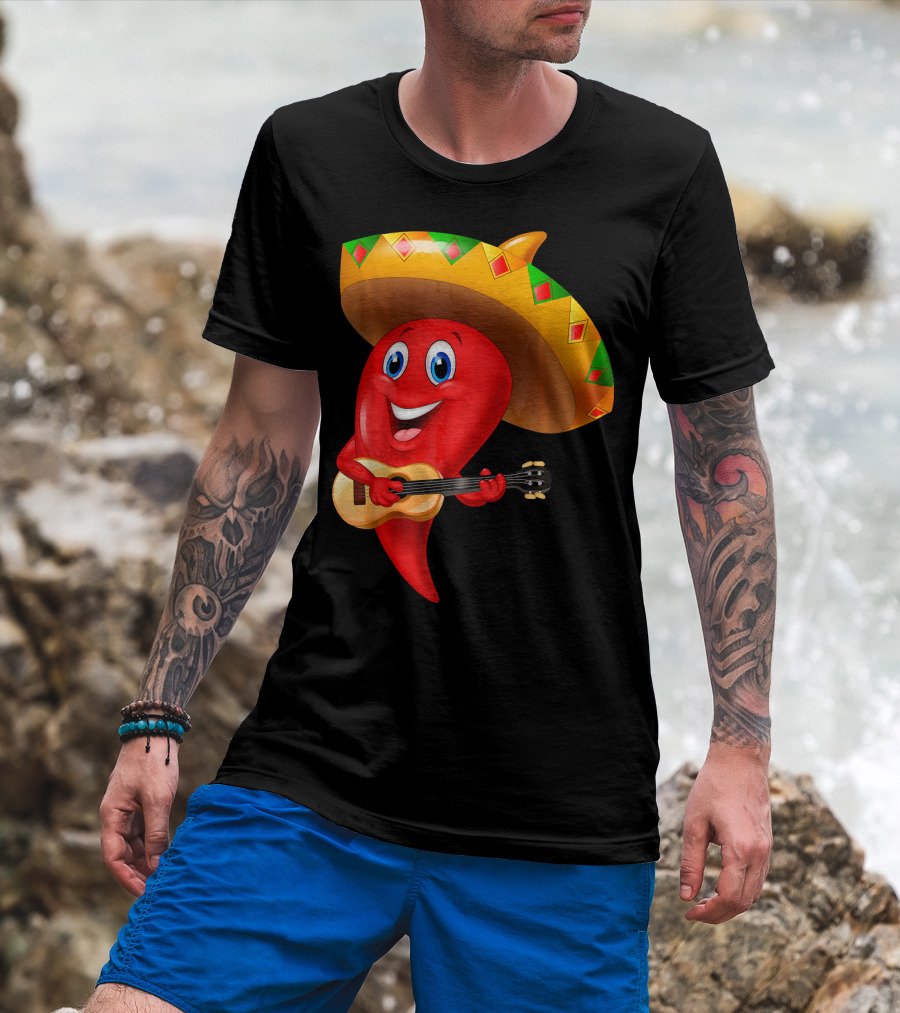 Cute Chili Pepper Wearing Sombrero Playing Guitar Mexico T-Shirt