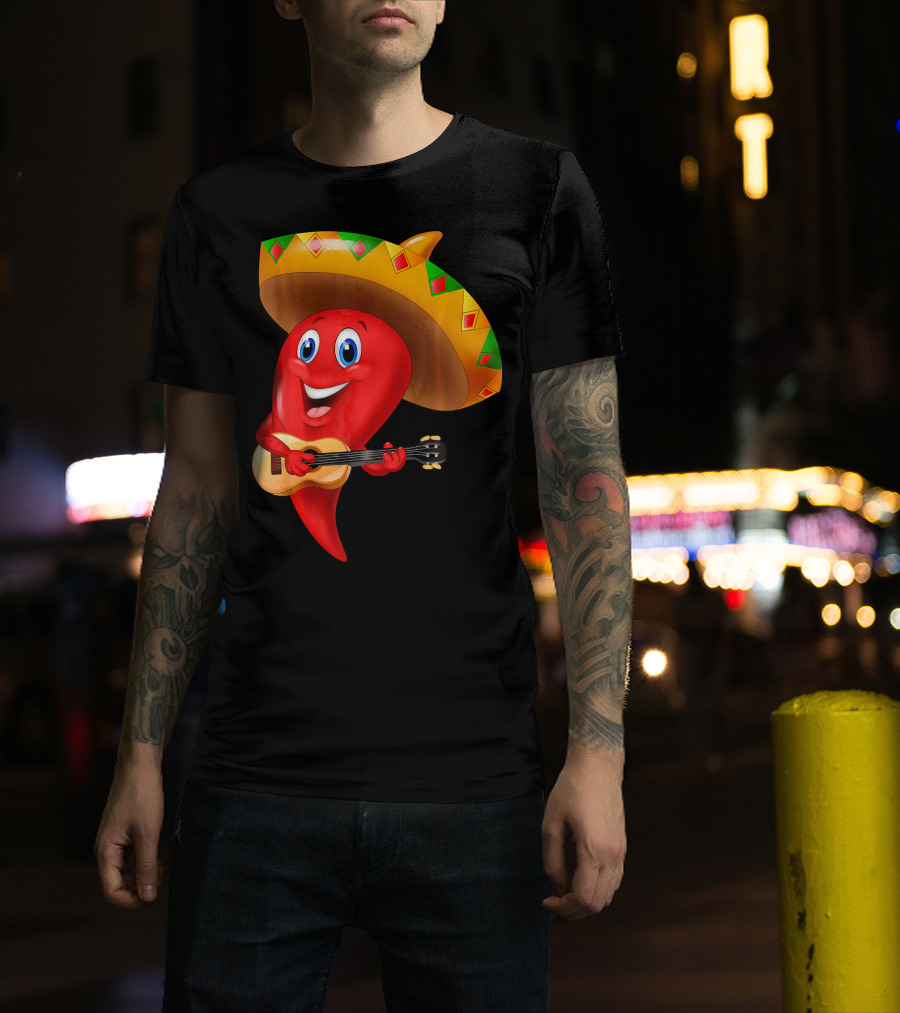 Cute Chili Pepper Wearing Sombrero Playing Guitar Mexico T-Shirt