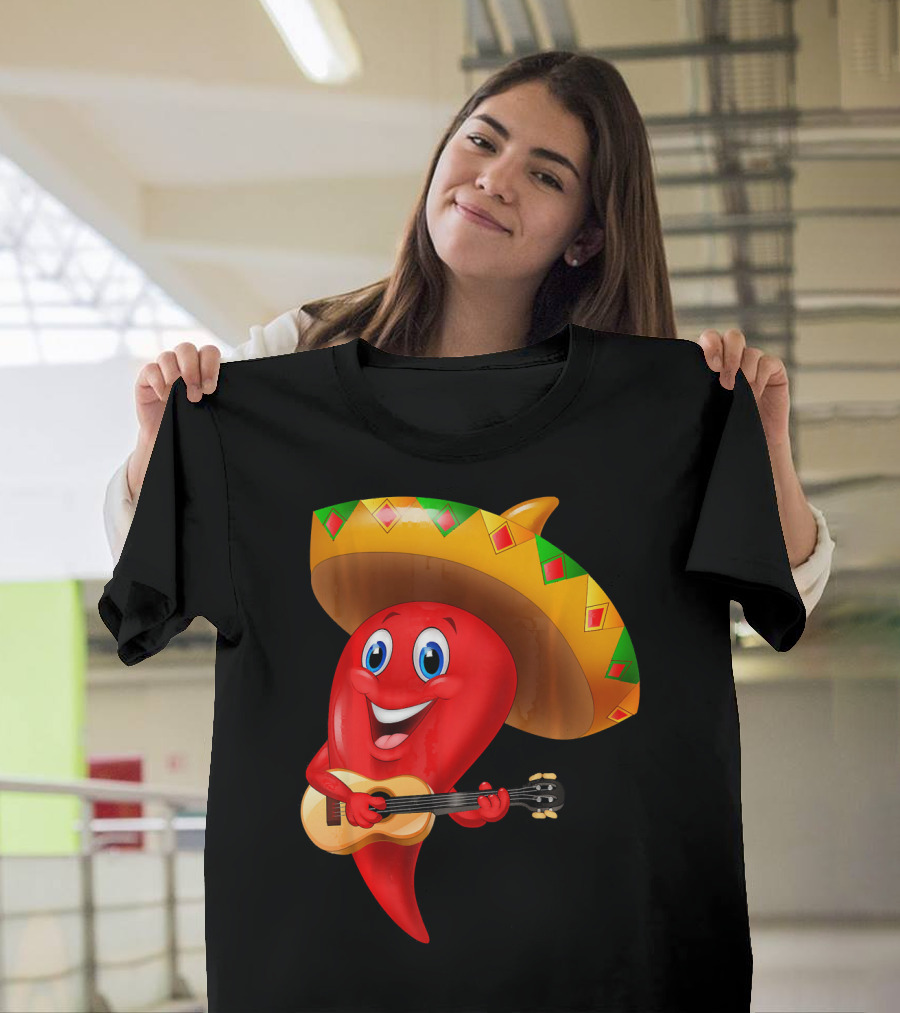 Cute Chili Pepper Wearing Sombrero Playing Guitar Mexico T-Shirt
