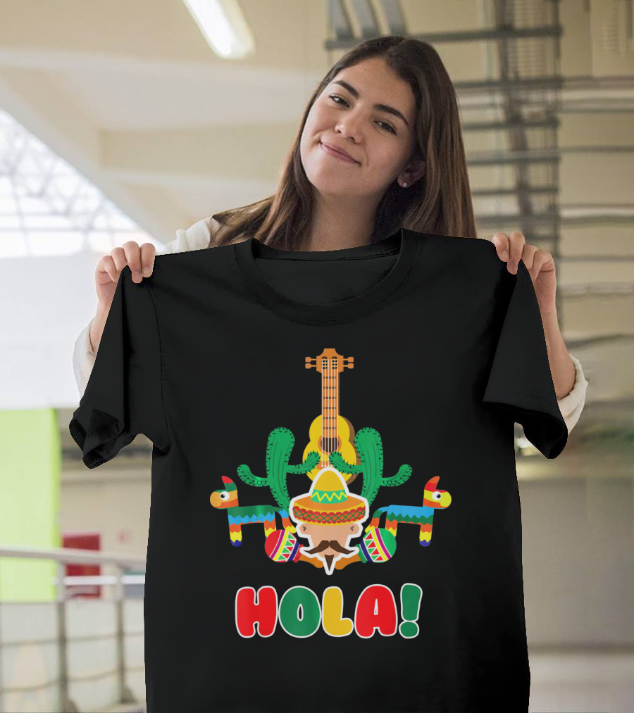 Hola Mexican Sombrero Guitar Cactus Piñata Fiesta T-Shirt