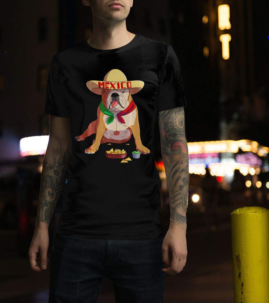 Cinco De Mayo Mexican Bulldog Wearing Sombrero With Chips And Salsa T-Shirt
