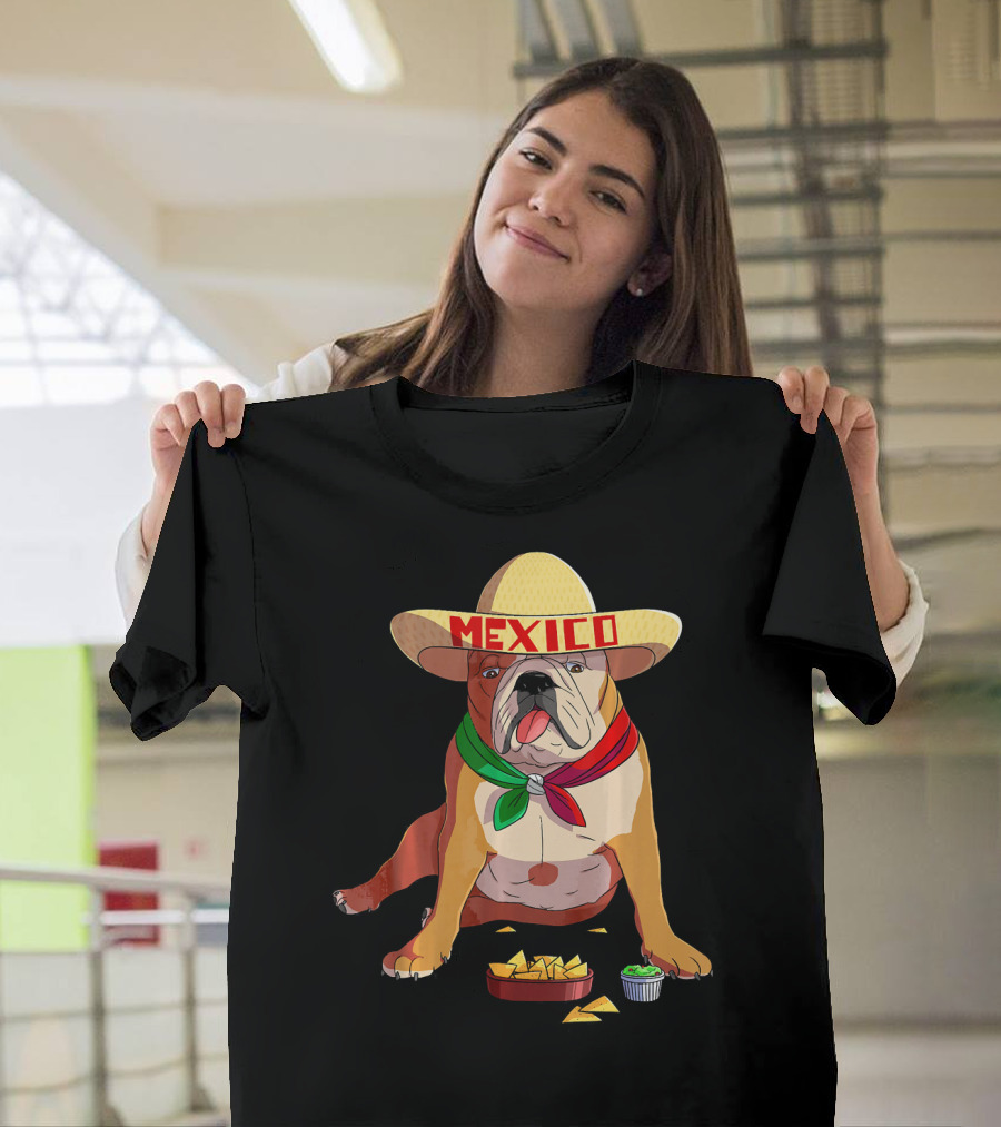Cinco De Mayo Mexican Bulldog Wearing Sombrero with Chips and Salsa T-Shirt