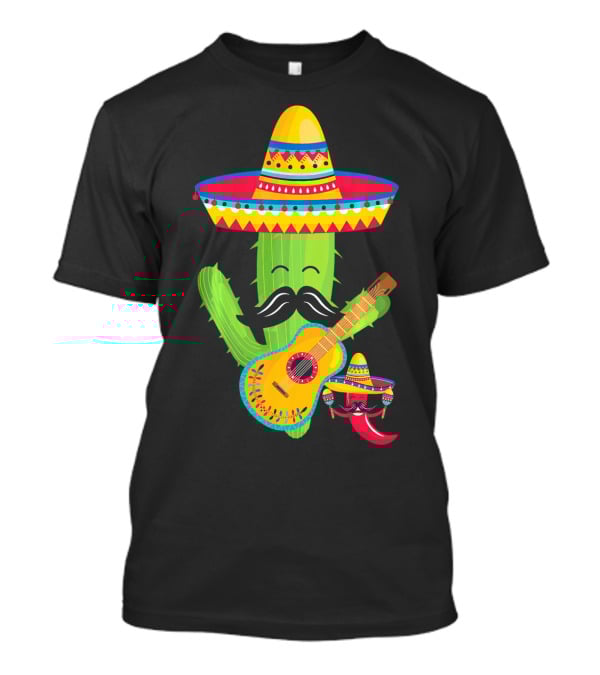 Cute Mustache Cactus With Sombrero Playing Guitar Mexican Fiesta Fun T-Shirt