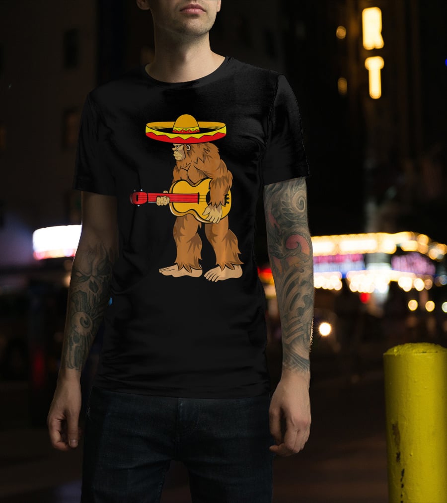 Bigfoot Carrying Guitar Cinco De Mayo Sombrero T-Shirt