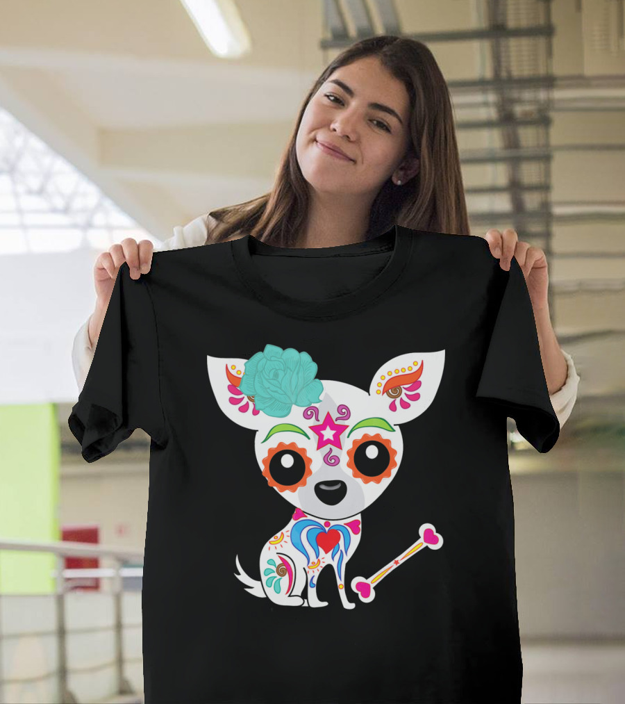 Cinco De Mayo Sugar Skull Chihuahua with Floral Bone and Colorful Flower T-Shirt