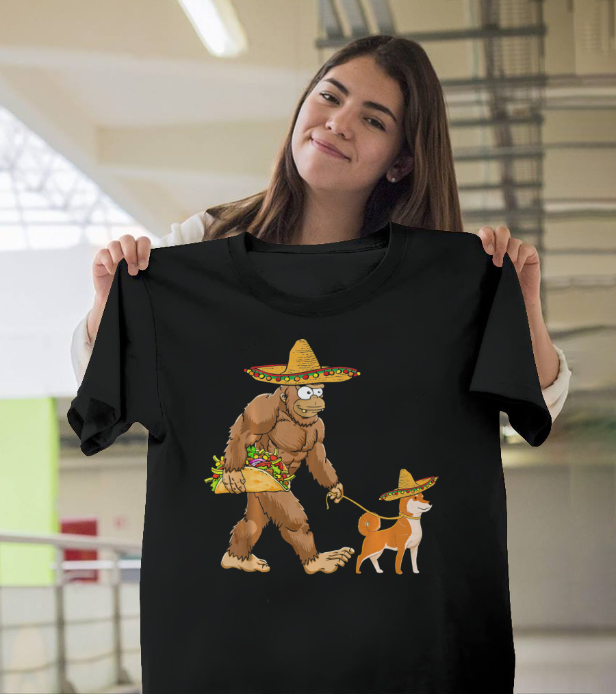 Bigfoot Taco Sombrero Shiba Inu Dog Cinc Walking Cartoon T-Shirt