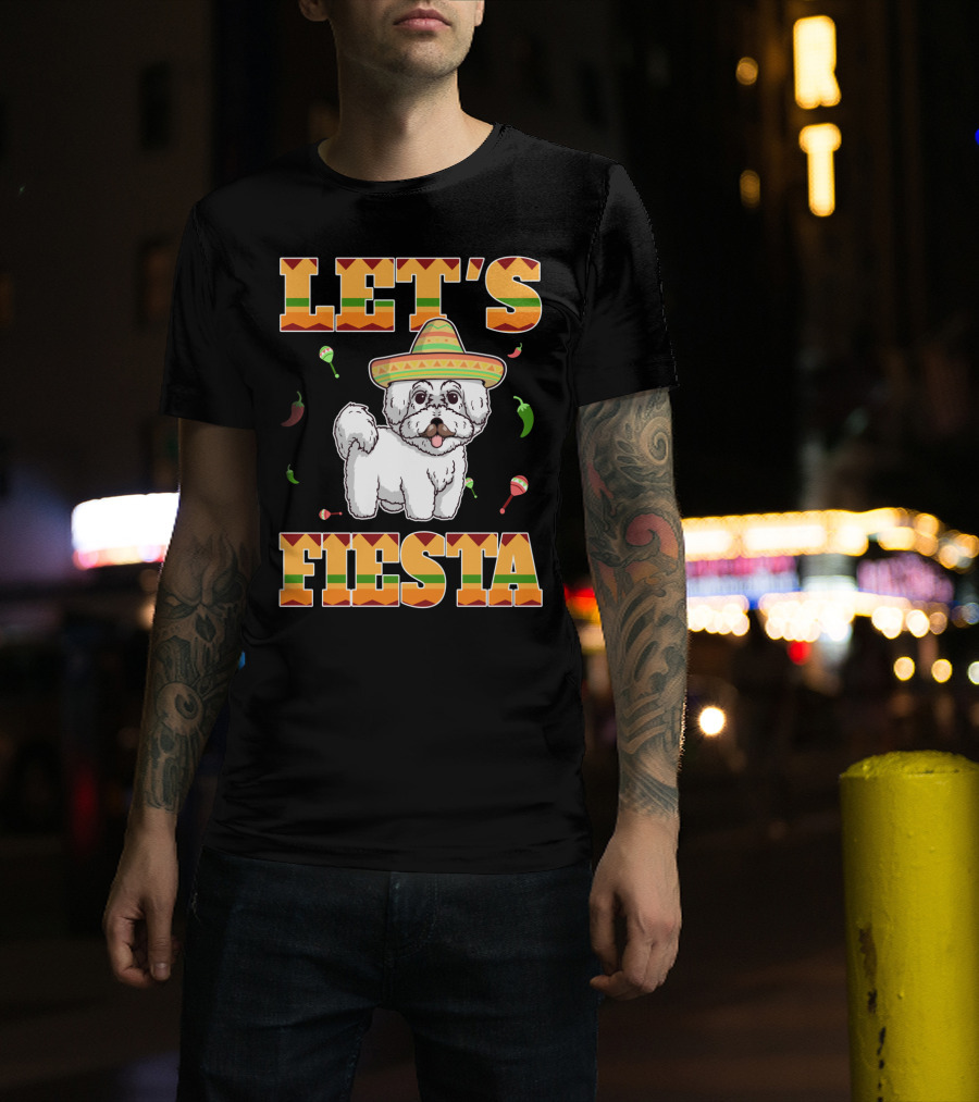 Let's Fiesta Bichon Frise Dog Cinco De Mayo Sombrero Peppers Maracas T-Shirt