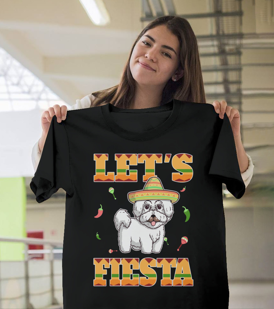 Let's Fiesta Bichon Frise Dog Cinco De Mayo Sombrero Peppers Maracas T-Shirt