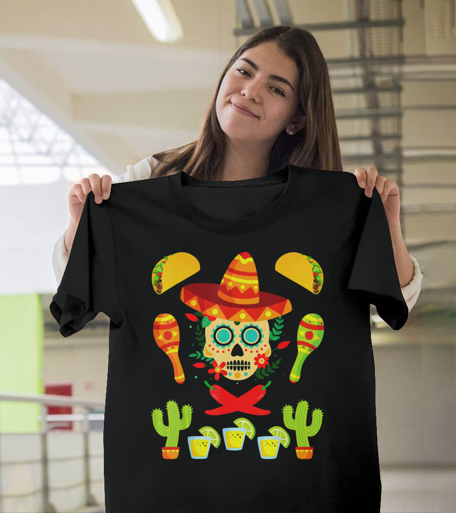 Fiesta Cinco De Mayo Sombrero Cactus Maracas Tacos Skull Peppers Shots Lime T-Shirt