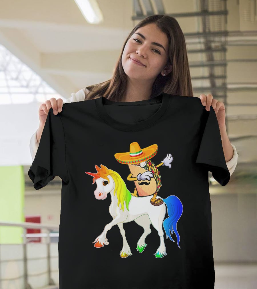 Dabbing Taco Sombrero With Mustache Riding Colorful Unicorn Fun T-Shirt