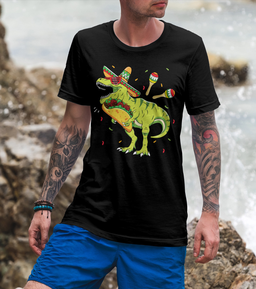 Cinco De Mayo T Rex With Sombrero Maracas And Taco T-Shirt