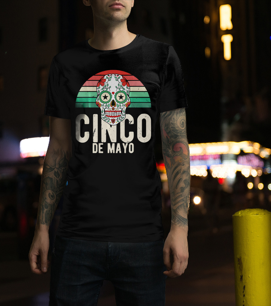 Cinco De Mayo Sugar Skull Retro Stripes T-Shirt