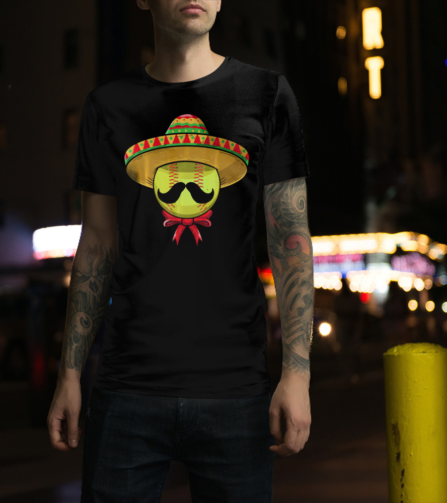 Cinco De Mayo Mexican Sombrero Softball Mustache Red Bow T-Shirt